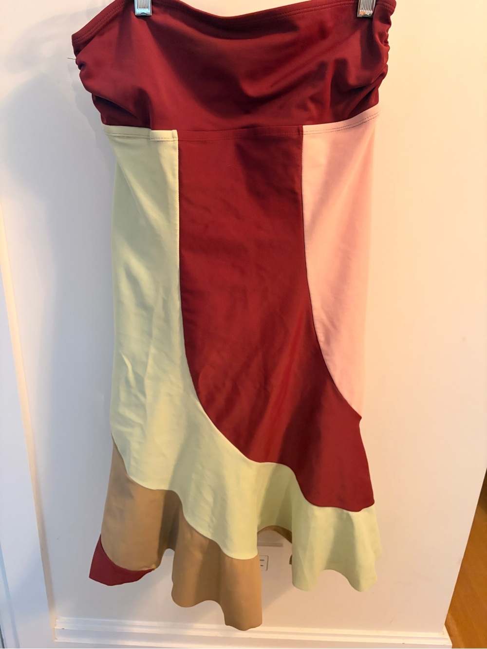 Vix Colorblock Strapless Midi Dress in Burgundy, Pale Yellow, Blush & Taupe